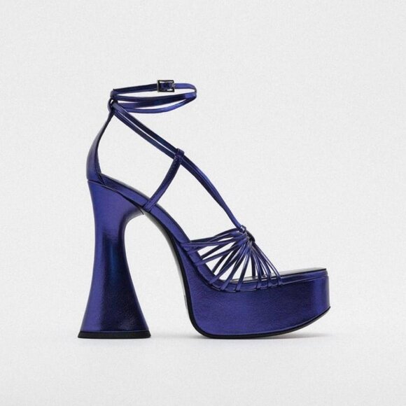 ZARA Metallic Blue Platform High Heel Sandals | Size EUR 40 US 9 - Picture 1 of 4